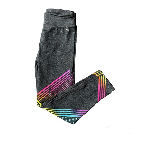 Girls L 10-11 Gap Fit Gray Rainbow Color Stripes Dots Ankle Active Leggings - Picture 2 of 3